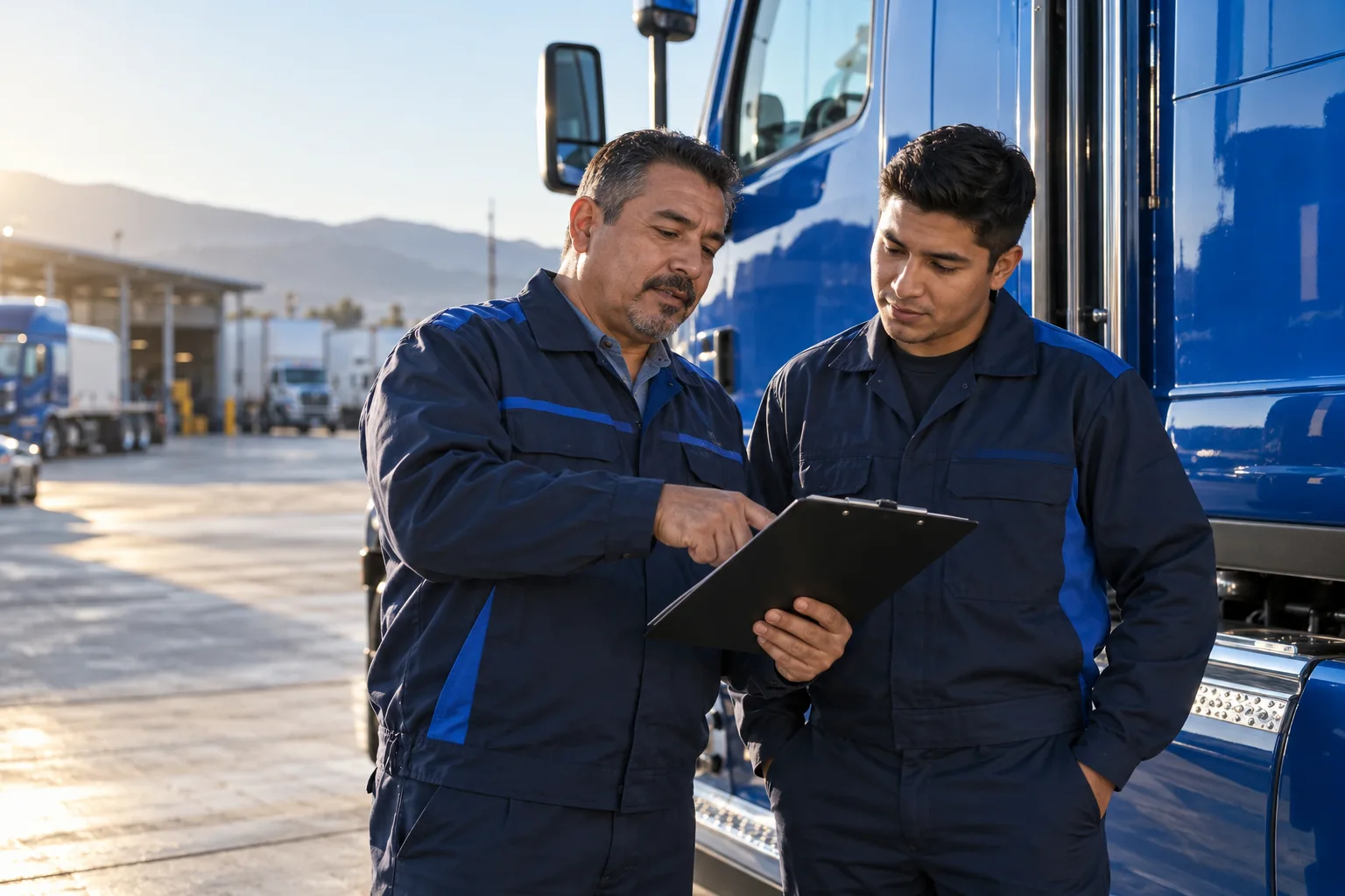Dos profesionales de transporte compartiendo conocimientos junto a un camión azul; imagen ilustrativa.